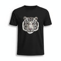 Aurapal black crew neck t-shirt featuring a realistic white tiger portrait graphic on the front.