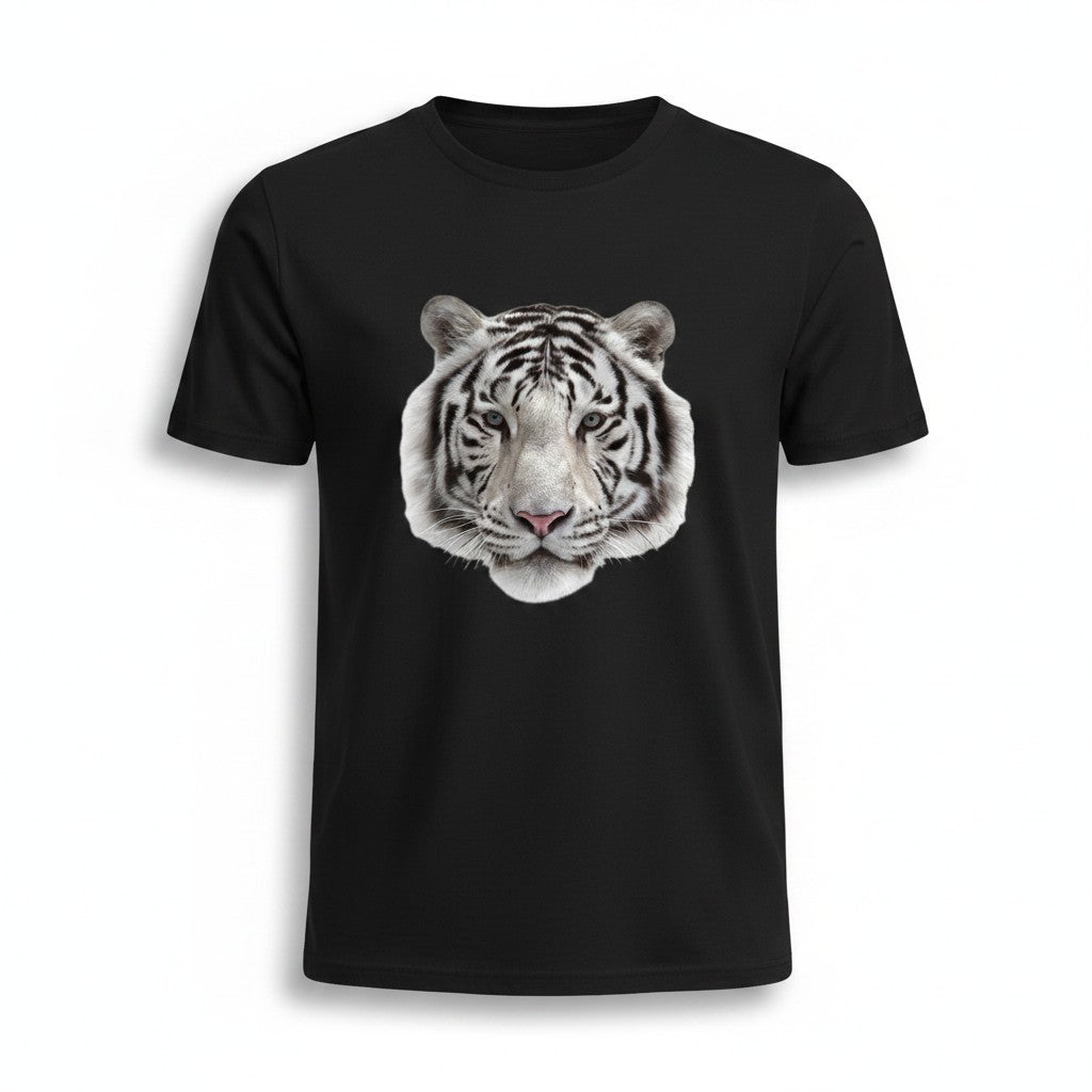 Aurapal black crew neck t-shirt featuring a realistic white tiger portrait graphic on the front.