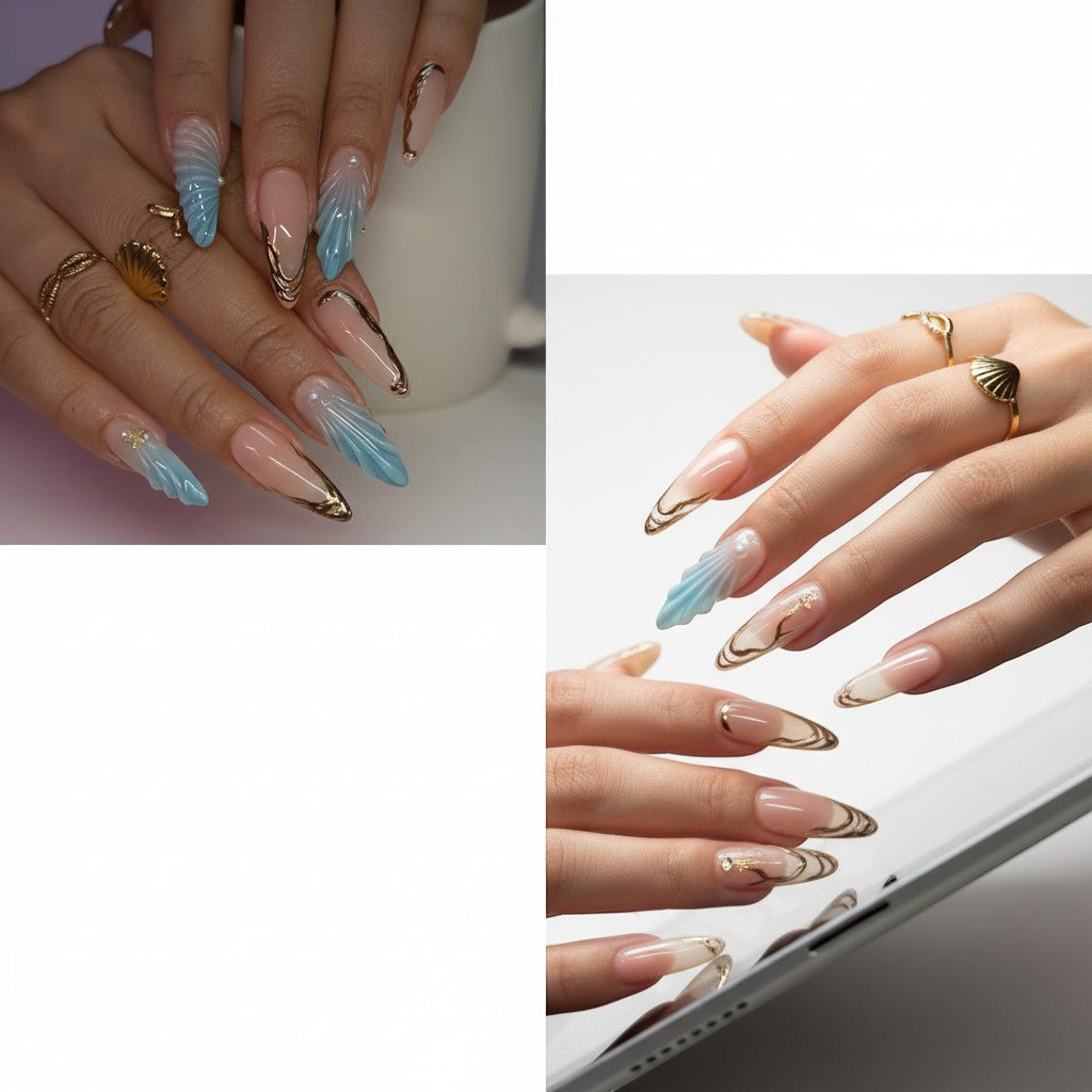 AuraPal press-on nails with blue seashell design and gold accents. Almond shape, ombre blue to clear.
