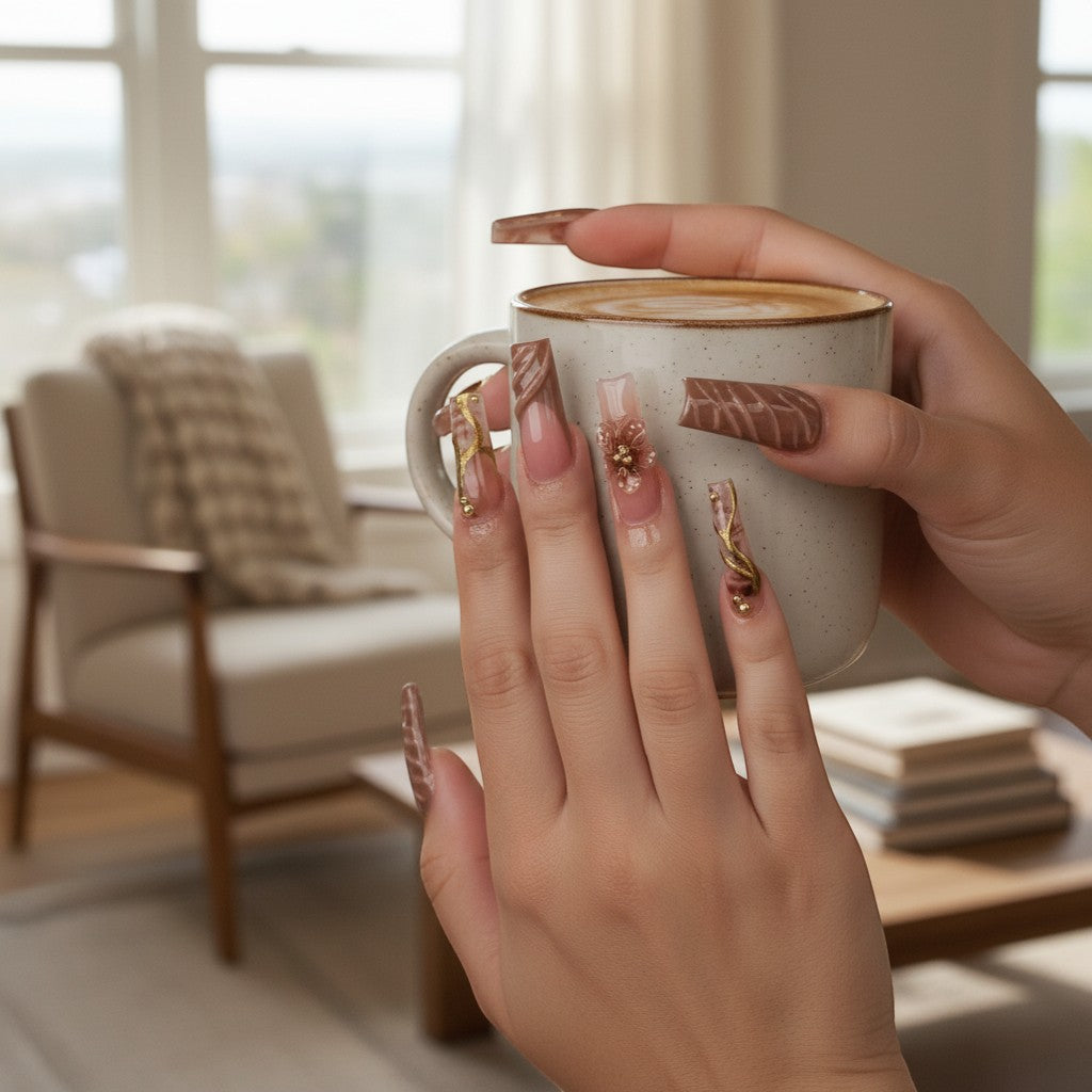 Aura7 brown and pink press-on nails with gold accents, 3D flower detail, and wavy design.