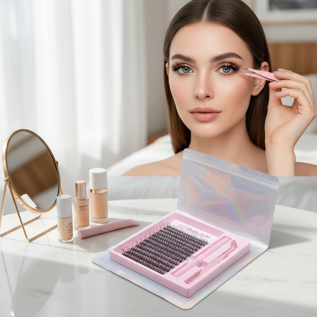 Aurapal Cluster Eyelashes Combo with applicator and tweezers. Natural-looking volume and definition.