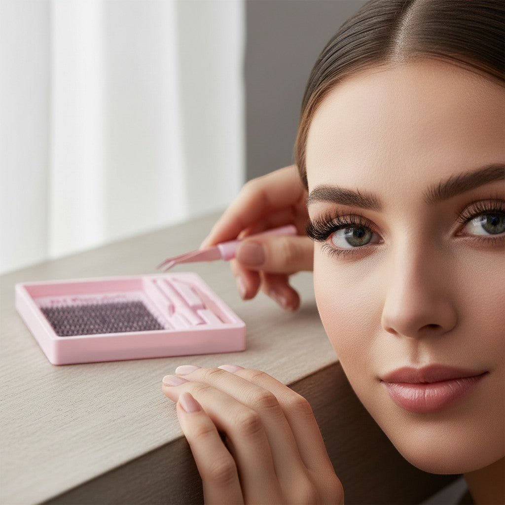 Aurapal Cluster Eyelashes Combo with applicator and tweezers. Black, natural-looking false lashes for volume and definition.