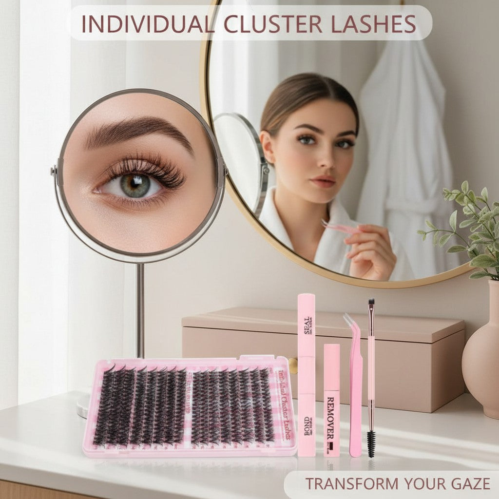 Aurapal Cluster Eyelashes Combo 2, featuring individual lash clusters in various lengths, bond, remover, tweezers, and brush.