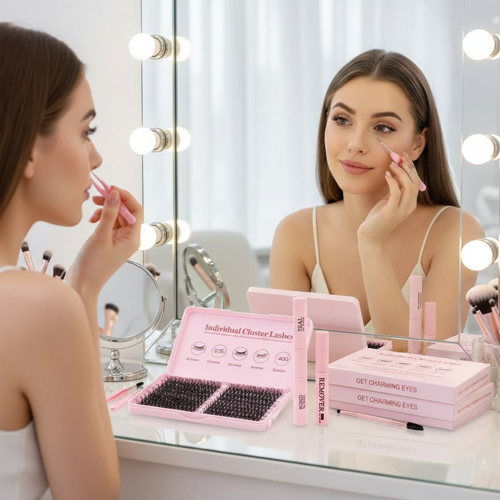 Aurapal Cluster Eyelashes Combo 2, featuring individual lash clusters in various lengths, bond, remover, tweezers, and brush.