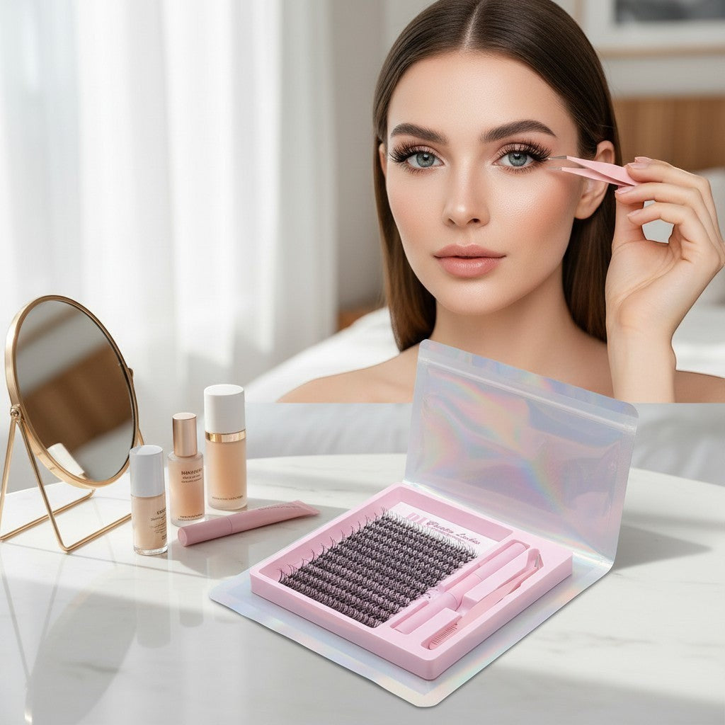 Aurapal DIY cluster eyelash extension kit with lash tray, precision tweezers, and applicator on a vanity table.