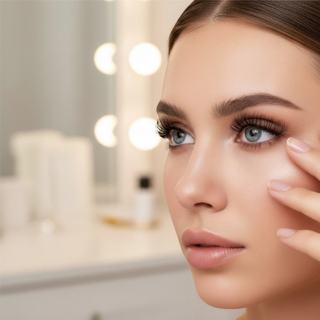 Aurapal premium strip eyelashes on a model with voluminous, dramatic lashes for a glamorous and defined look.