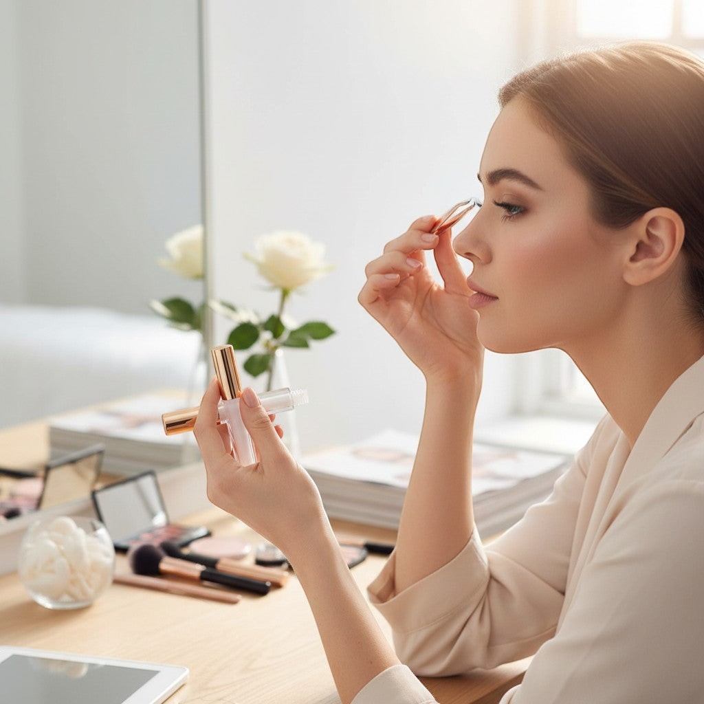 Aurapal professional eyelash adhesive applicator with a gold cap held by a woman applying false lashes at a vanity