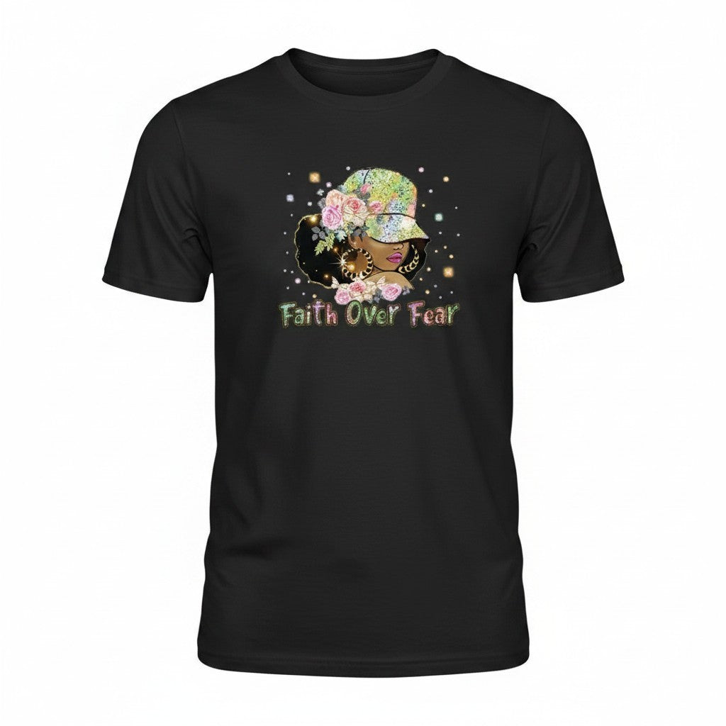 Aurapal black crewneck t-shirt featuring a vibrant Faith Over Fear graphic with a floral woman illustration.
