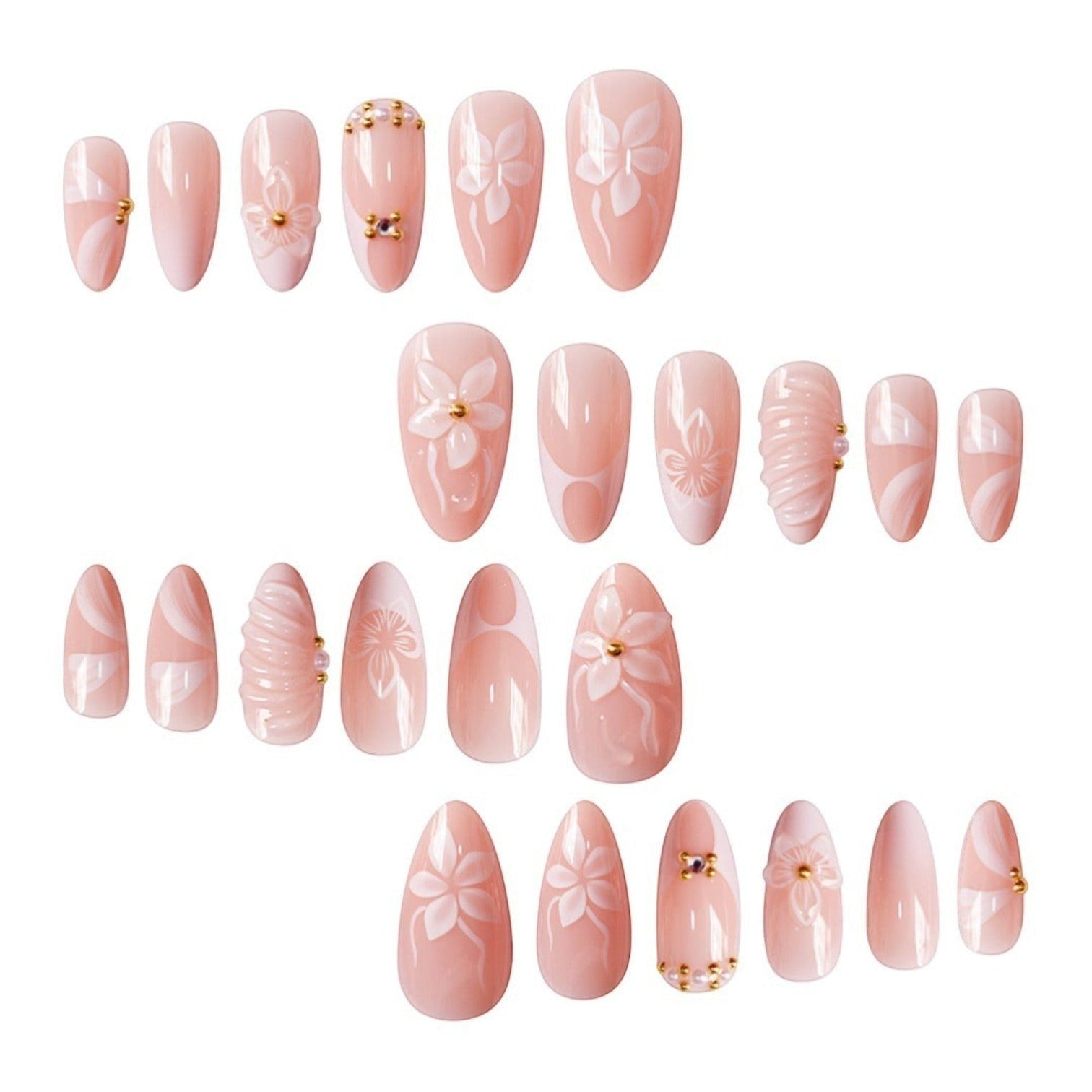 Aurapal Elegant Floral press-on nails in almond shape with soft pink base, white flower art, and gold stud accents.