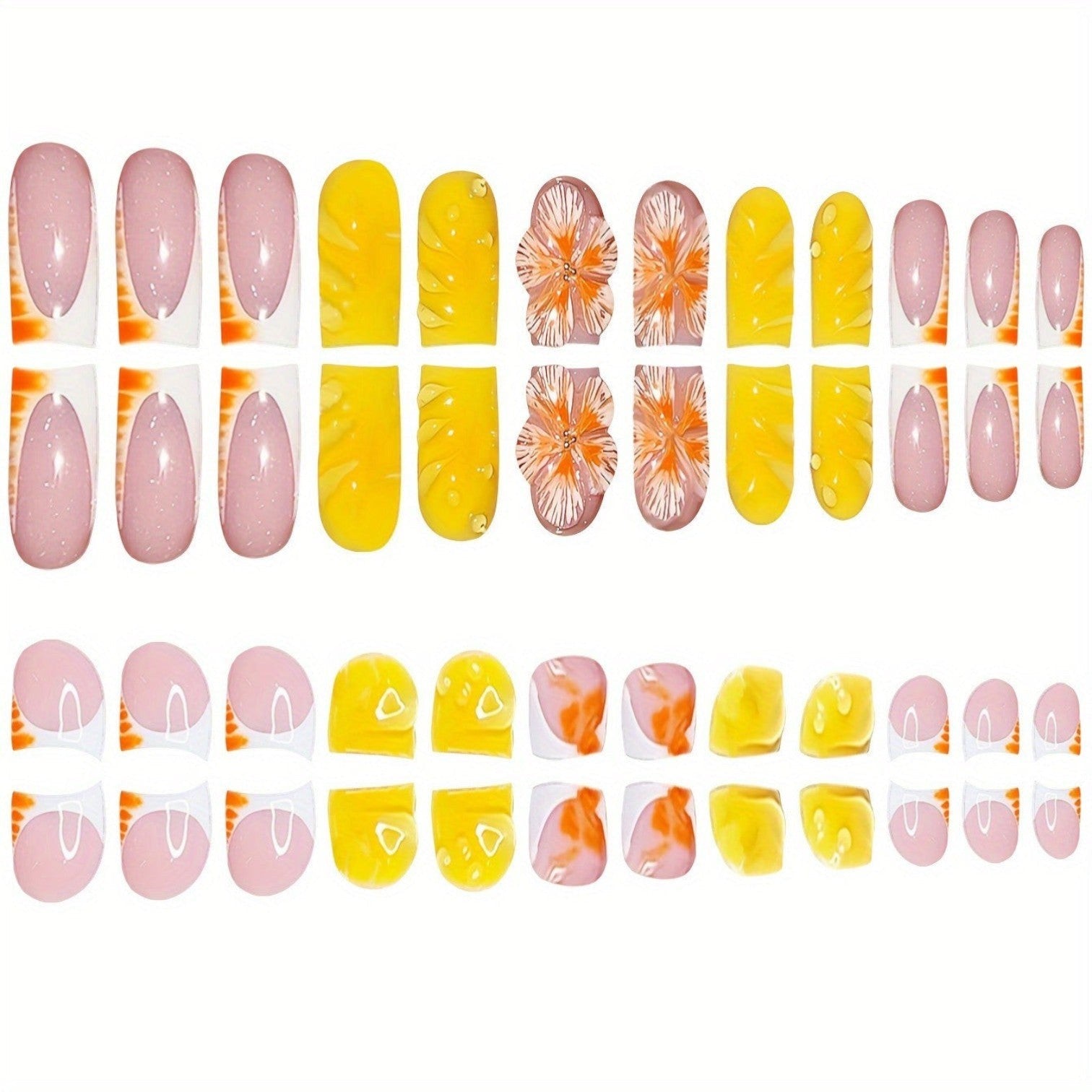Aurapal decorative floral press-on nail set featuring yellow hues, 3D flower accents, and glossy French-tip designs.
