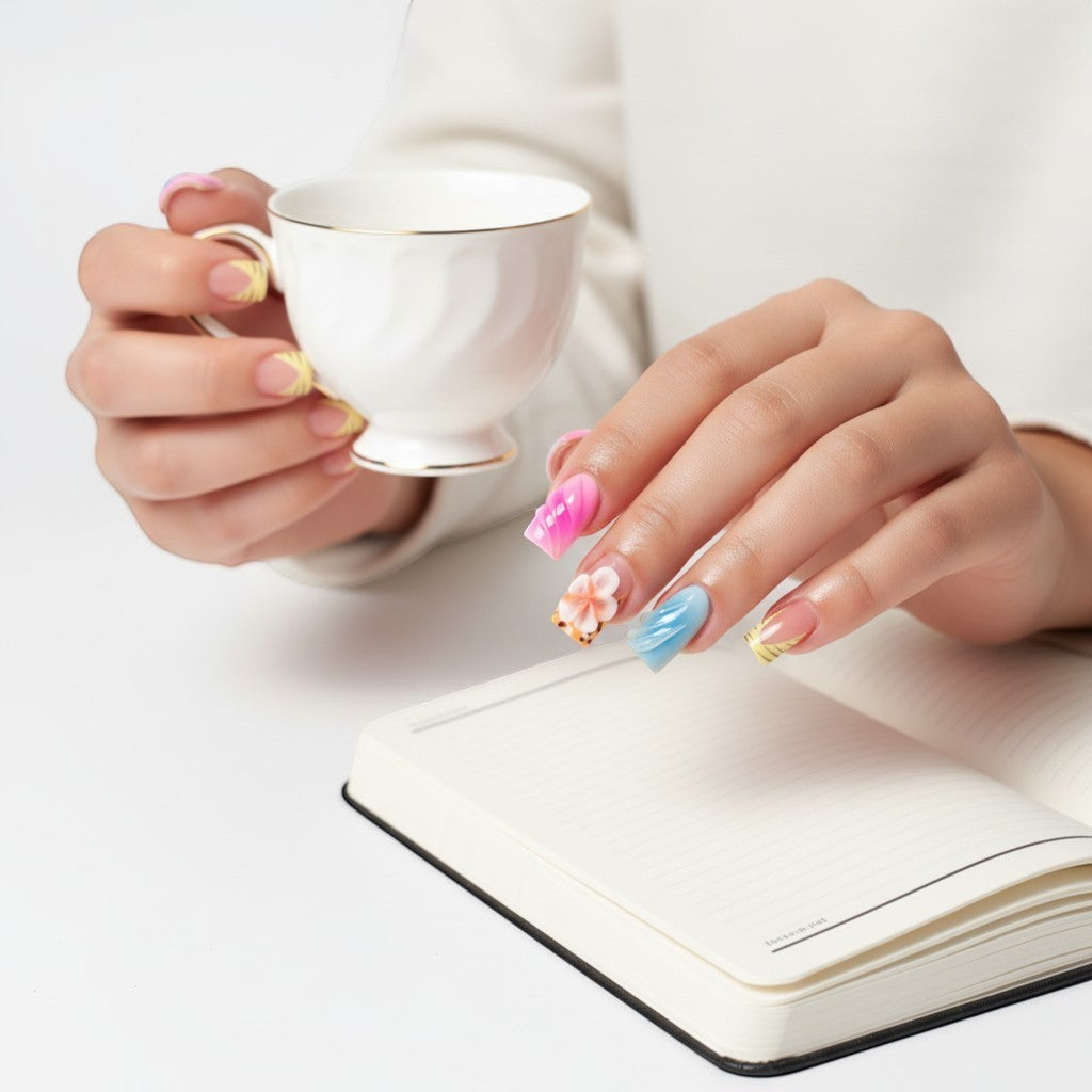 Aurapal decorative floral press-on nails with 3D flower accents, pastel gradients, and yellow French tips on hands.