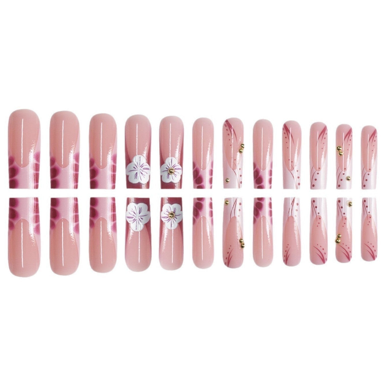 Aurapal long square press-on nails in nude with berry floral patterns, 3D flowers, and gold stud accents.