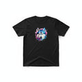 Aurapal black crewneck t-shirt featuring a vibrant watercolor Siberian Husky graphic with blue and purple splashes.
