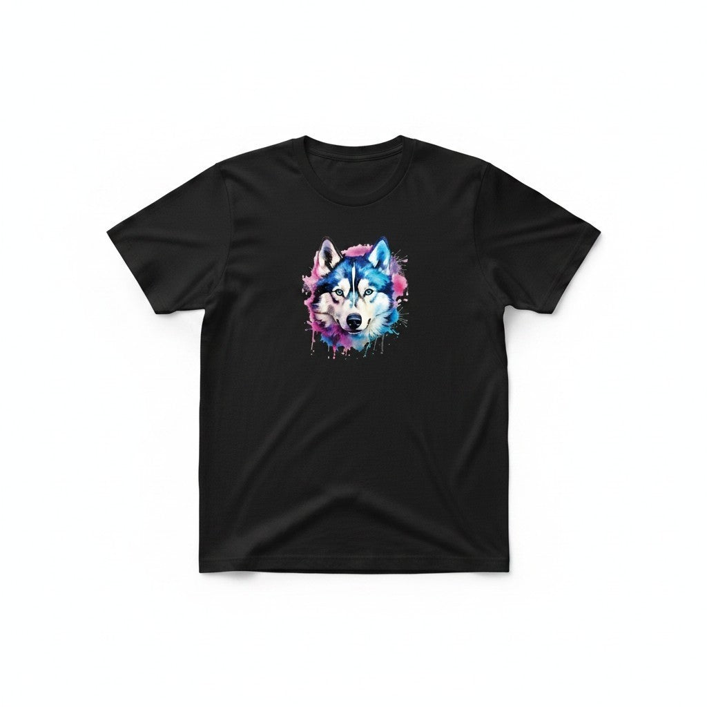 Aurapal black crewneck t-shirt featuring a vibrant watercolor Siberian Husky graphic with blue and purple splashes.