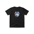 Aurapal black crewneck t-shirt featuring a vibrant watercolor Siberian Husky graphic in blue, purple, and pink.