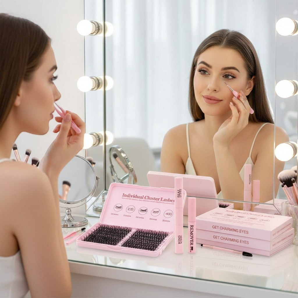 Aurapal professional individual cluster eyelash extension kit with bond, seal, remover, and tweezers on a vanity table.