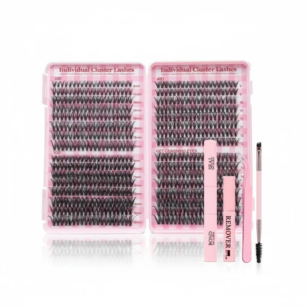 Aurapal professional individual cluster eyelash extension kit with varied lash lengths, bond, seal, remover, and tweezers.