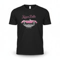 Aurapal black Kappa Delta graphic t-shirt featuring a pink convertible car illustration and checkered pattern.