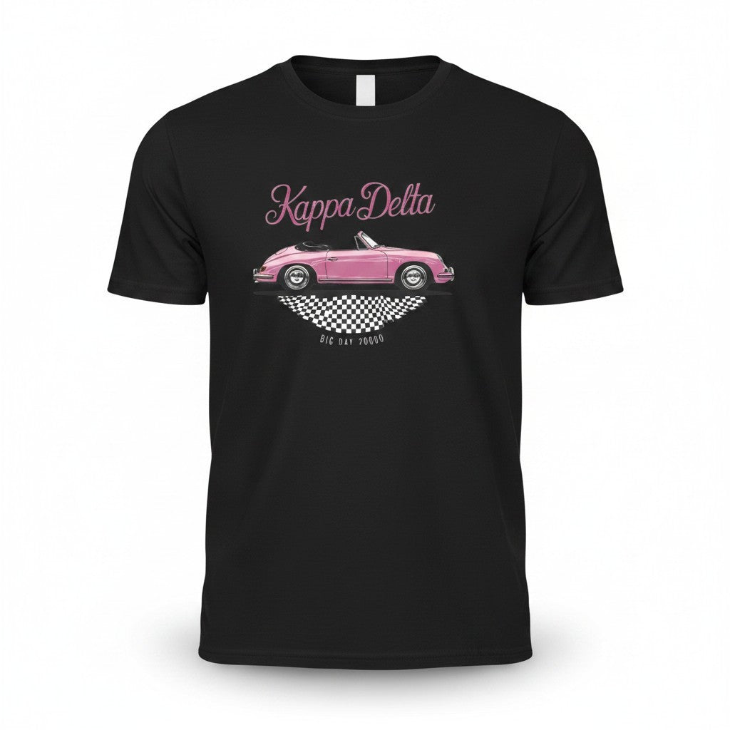 Aurapal black Kappa Delta graphic t-shirt featuring a pink convertible car illustration and checkered pattern.