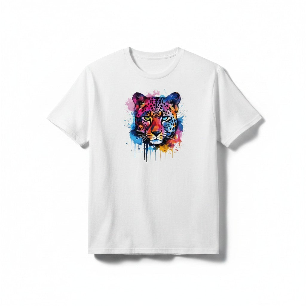 Aurapal white crewneck t-shirt featuring a vibrant watercolor leopard graphic print in blue, pink, and orange hues.