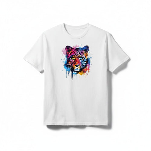 Aurapal white crewneck t-shirt featuring a vibrant watercolor leopard graphic print in blue, pink, and orange hues.