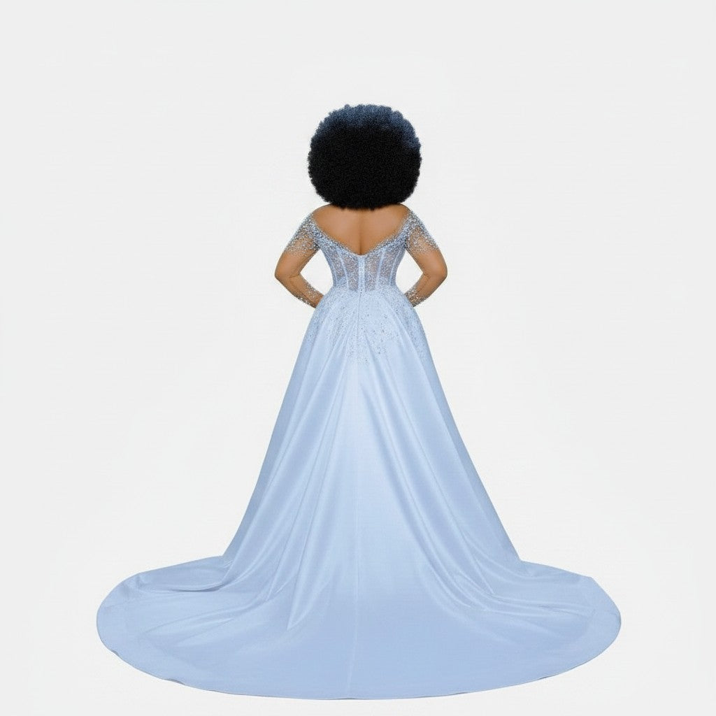 Aurapal off-shoulder bridal gown in light blue satin with pearl-embellished illusion sleeves and a sweeping train.