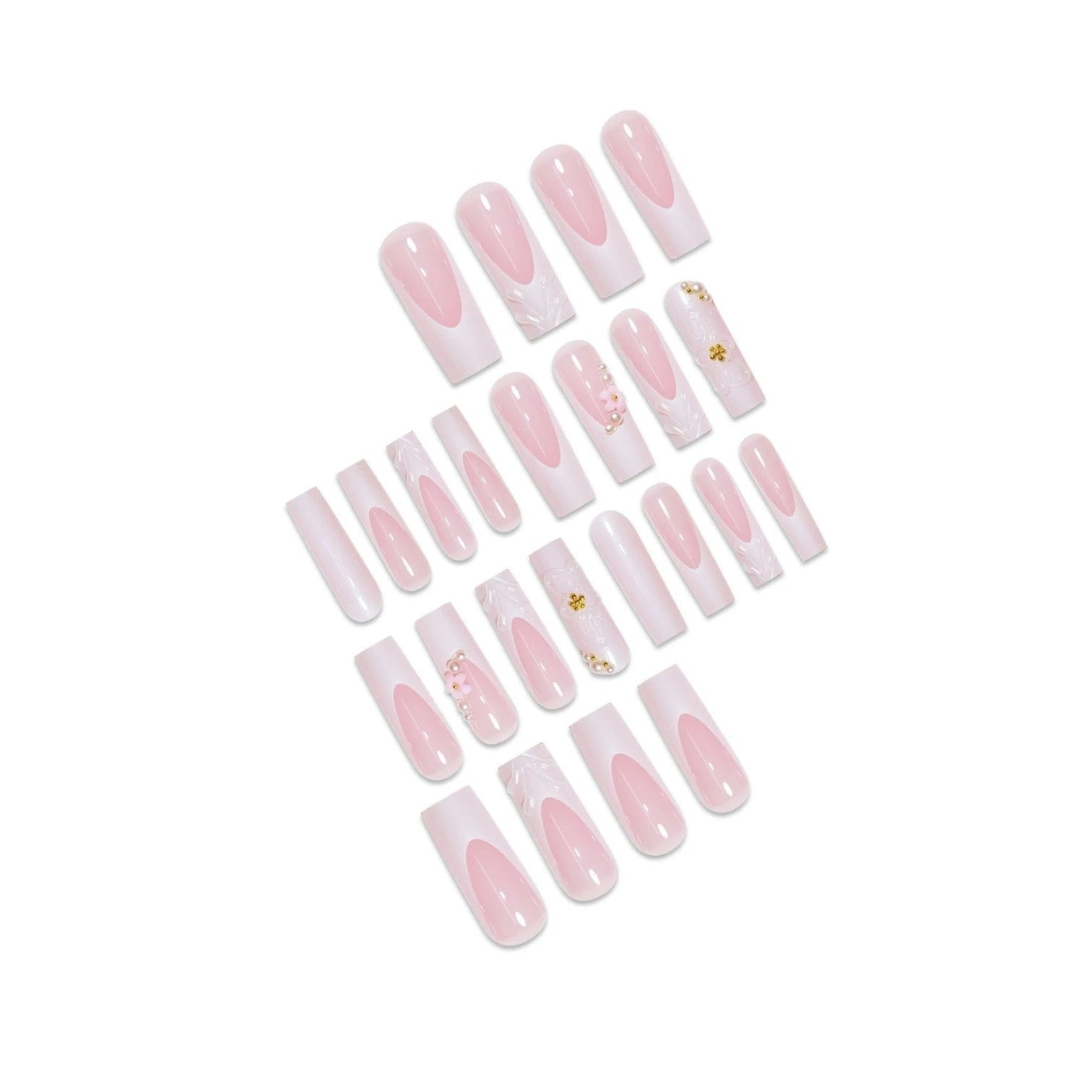 Aurapal long square press-on nails with French tips, 3D floral accents, and pearl embellishments on a white background