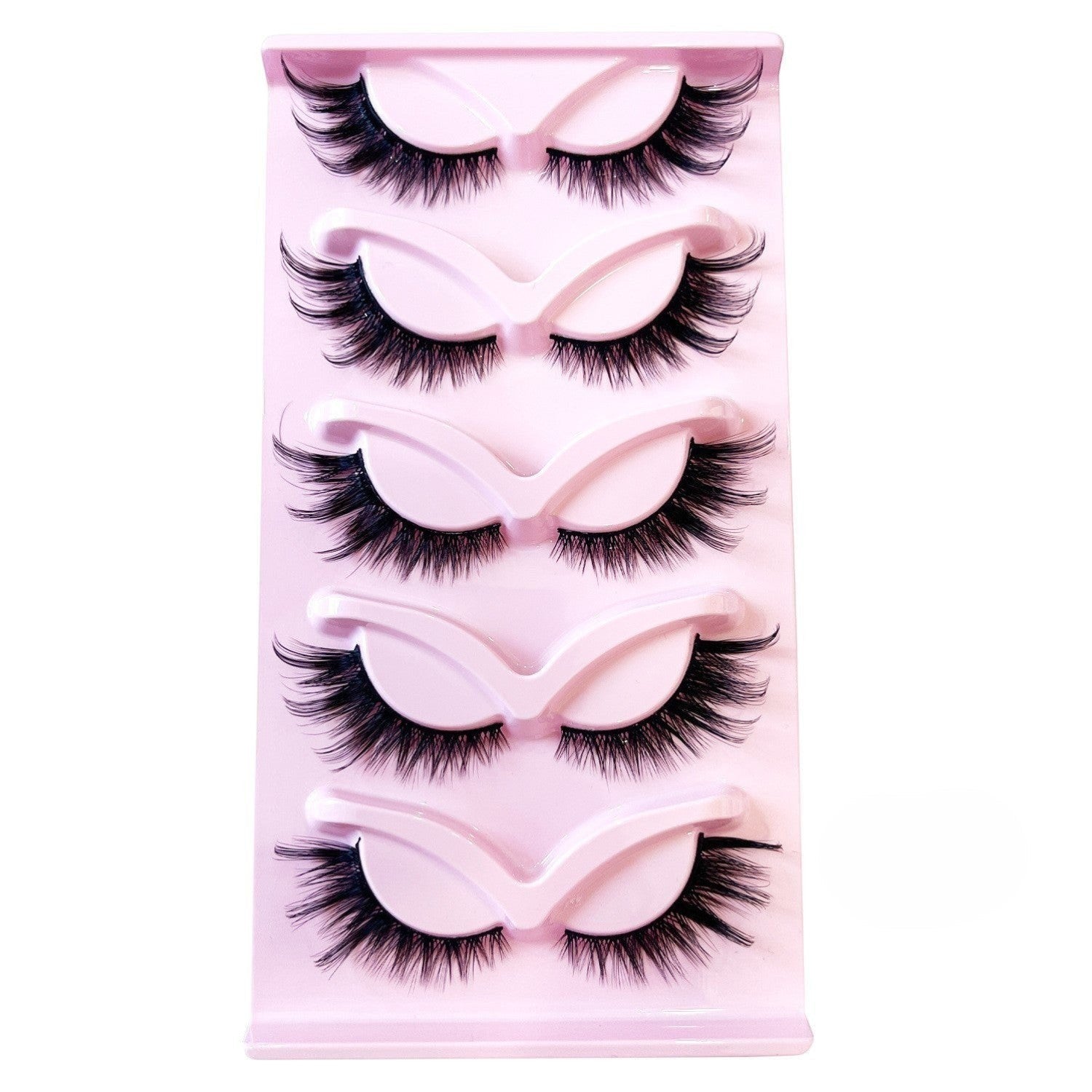 Aurapal LUSH LASHES multi-pack featuring five pairs of dramatic black artificial eyelashes on a pink display tray.