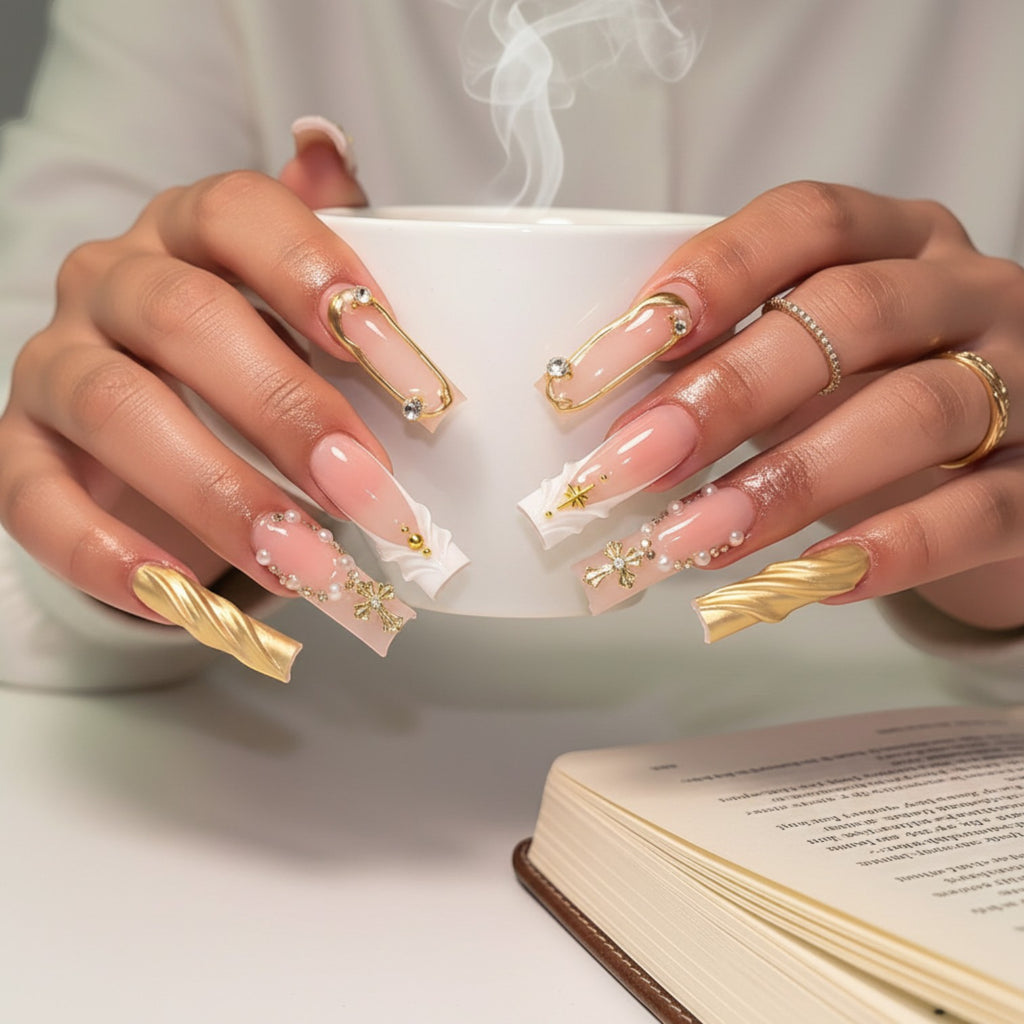 AuraPal luxury press-on nails with gold accents, pearls, rhinestones, and 3D embellishments. Coffin shape.
