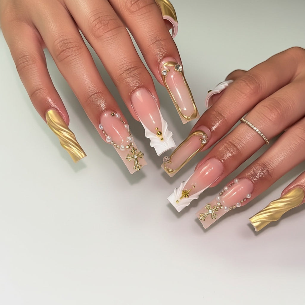AuraPal luxury press-on nails with gold accents, pearls, rhinestones, and 3D embellishments.