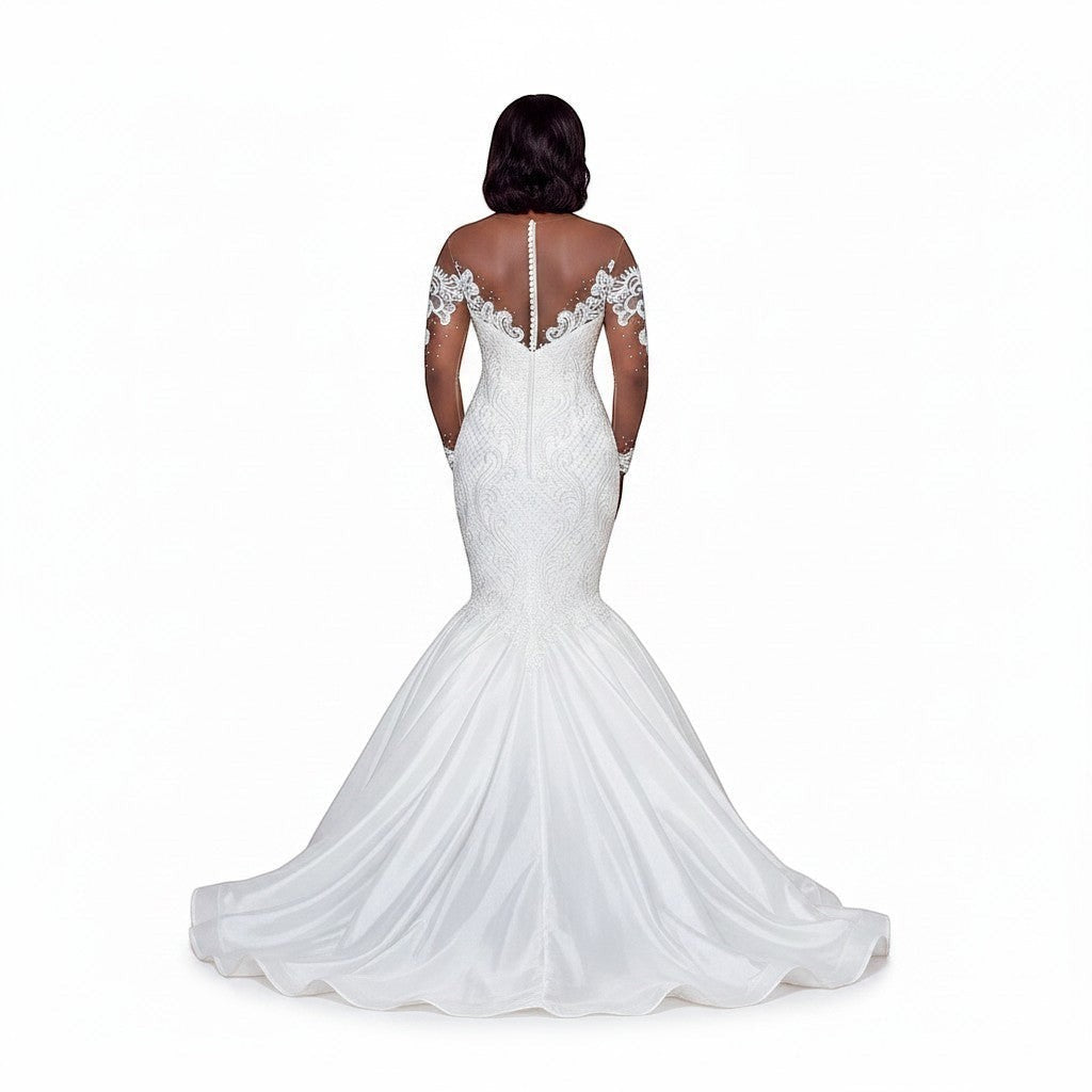 Aurapal off-the-shoulder mermaid wedding dress with lace bodice, illusion sleeves, and button-down back train.