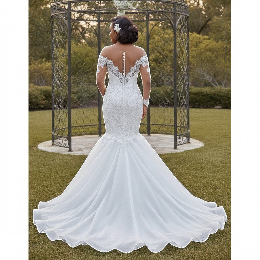 Aurapal off-the-shoulder mermaid wedding dress with lace bodice, illusion sleeves, and a sweeping tulle train.
