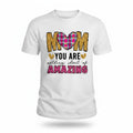 Aurapal white crew-neck t-shirt featuring a gold glitter MOM graphic with a pink and blue plaid heart design.