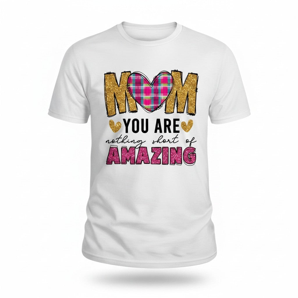 Aurapal white crew-neck t-shirt featuring a gold glitter MOM graphic with a pink and blue plaid heart design.