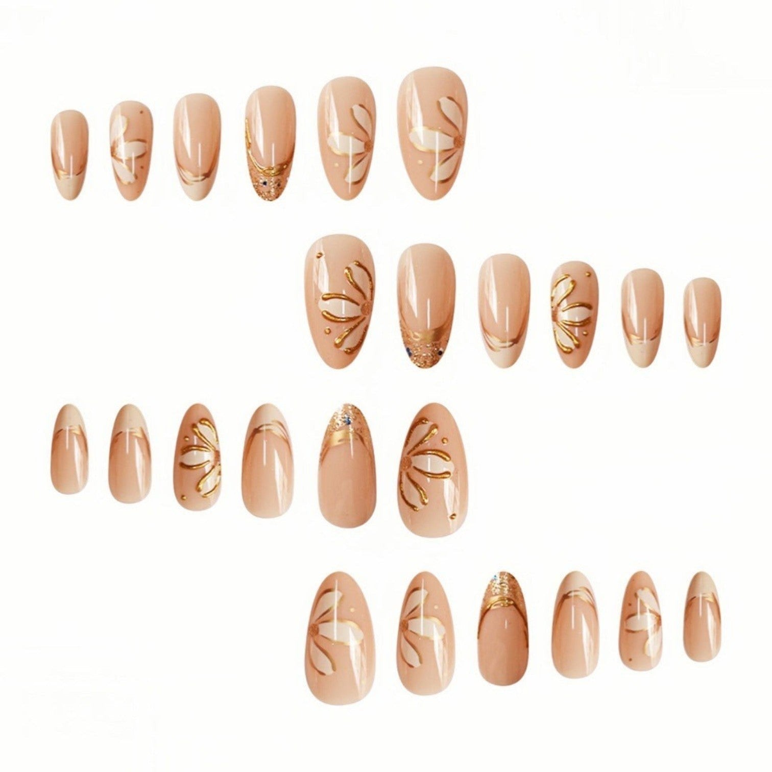 Aurapal almond-shaped press-on nails with a nude base, white floral patterns, and gold leaf accents.