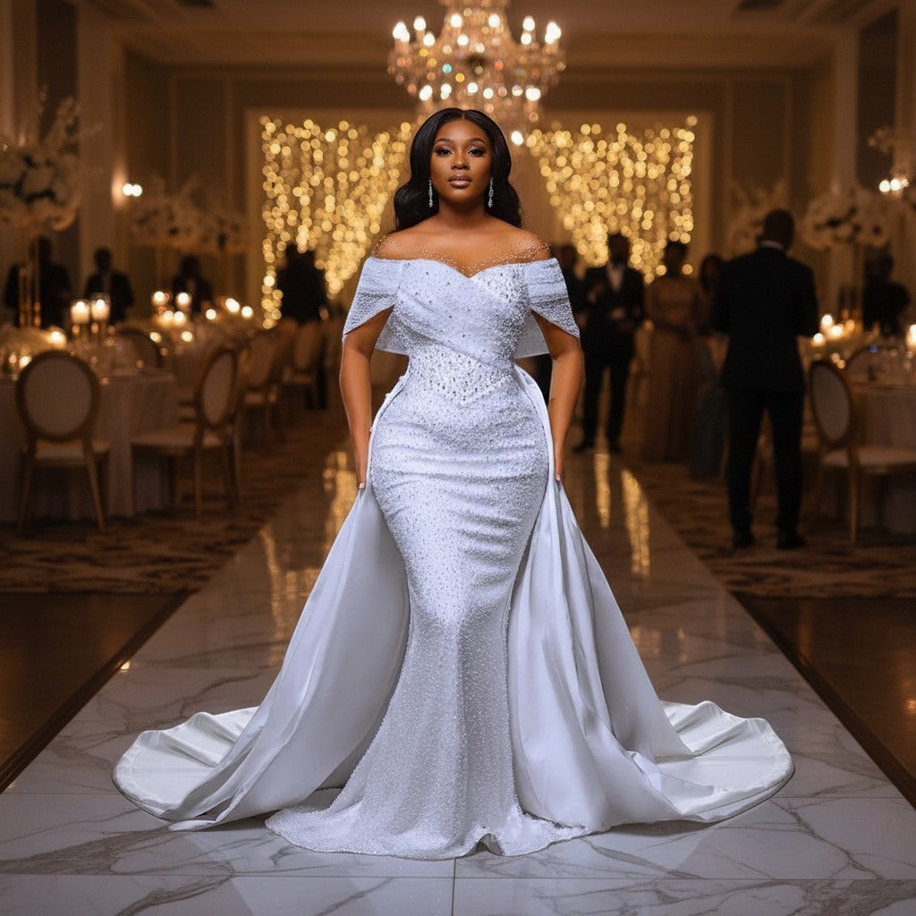 Aurapal off-shoulder white bridal gown with intricate beadwork and a dramatic detachable train in a ballroom setting.