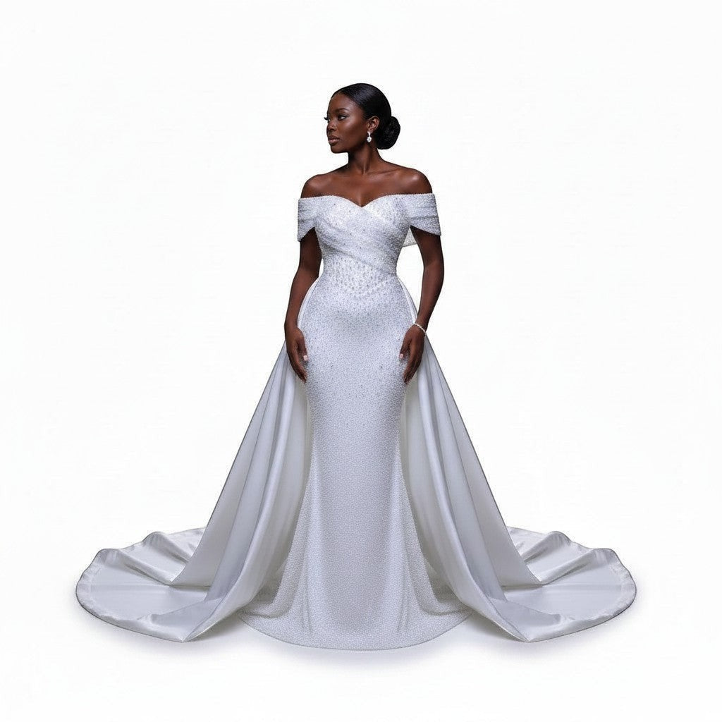 Aurapal off-shoulder white bridal gown with intricate beadwork and a dramatic detachable train on a model