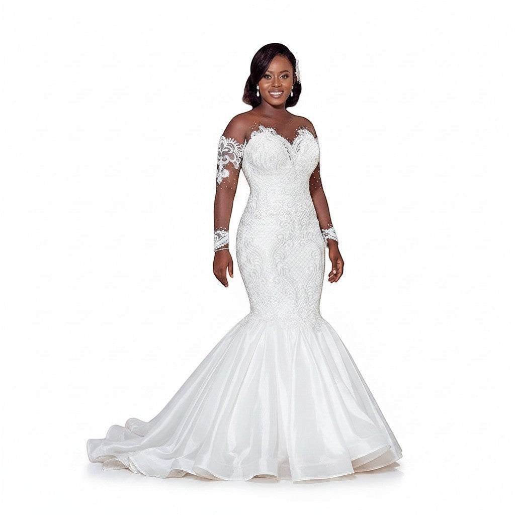 Aurapal off-the-shoulder mermaid wedding dress with intricate lace bodice, illusion sleeves, and voluminous tulle skirt