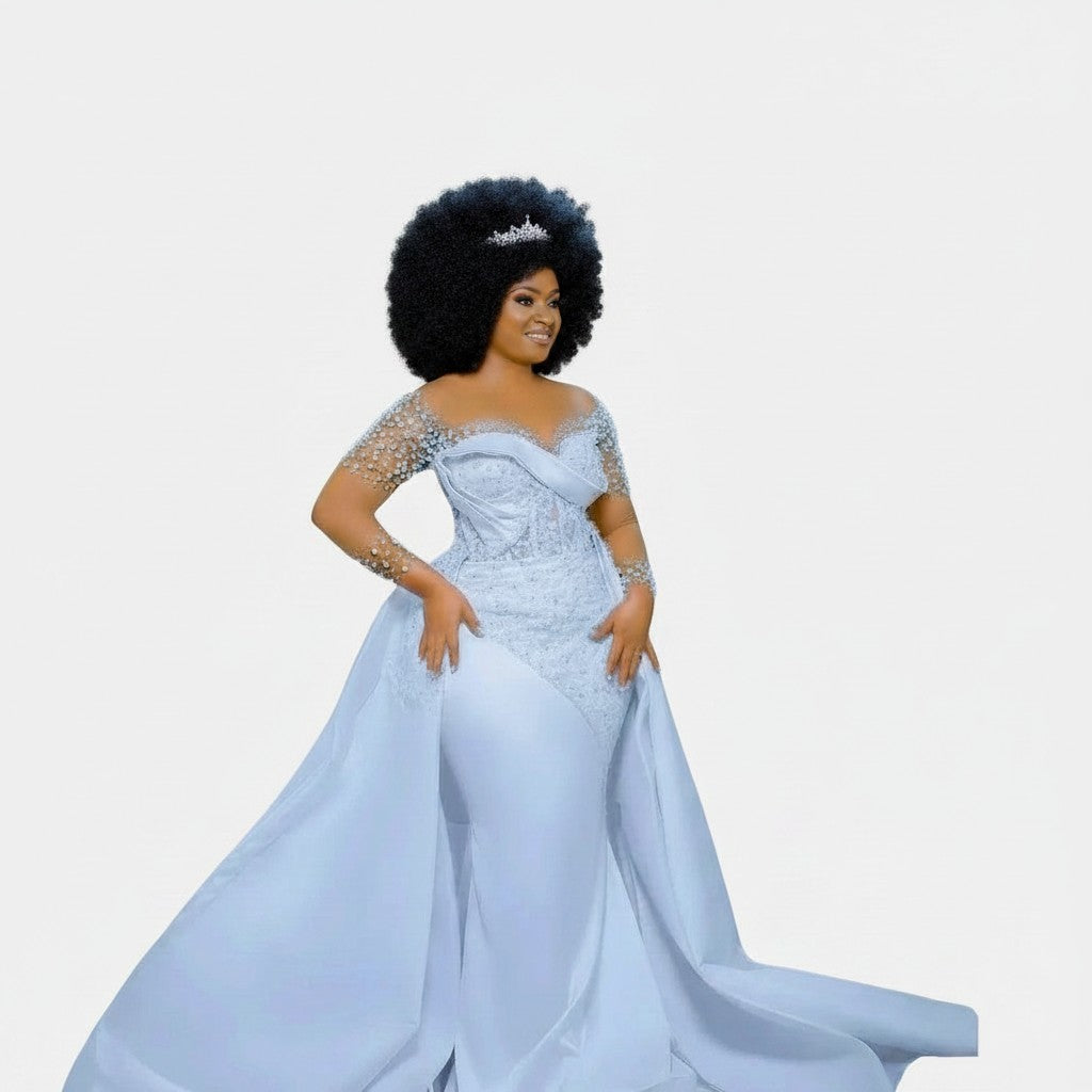 Aurapal off-shoulder bridal gown with pearl-embellished illusion sleeves and lace detailing on a satin mermaid dress.