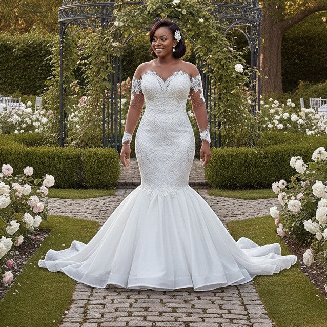 Aurapal off-the-shoulder mermaid wedding dress with lace bodice, illusion sleeves, and tulle skirt in a garden.