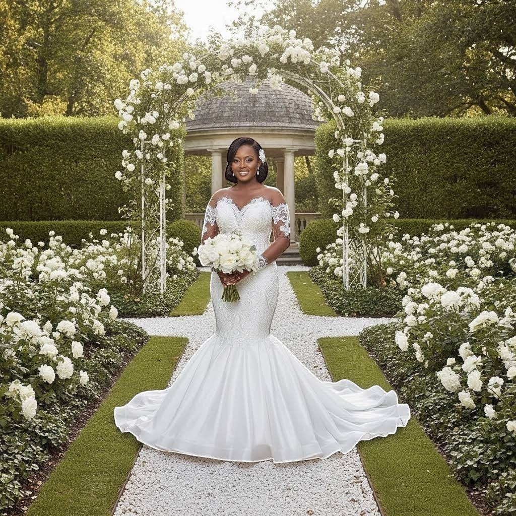 Aurapal off-the-shoulder mermaid wedding dress with lace bodice and tulle skirt on a bride in a white rose garden