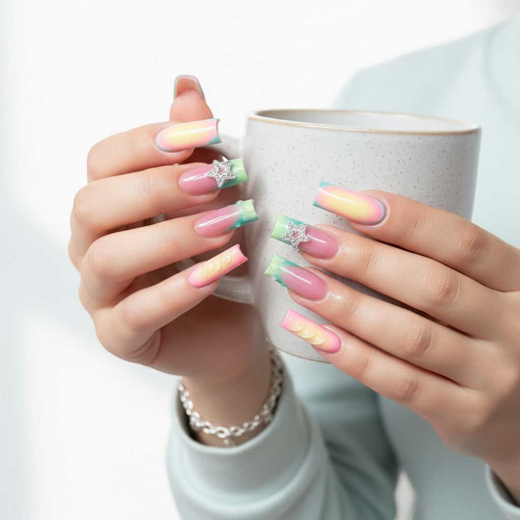 AuraPal Press Aura68 press-on nails with pink, green, and yellow ombre design, 3D water droplets, and star charms.