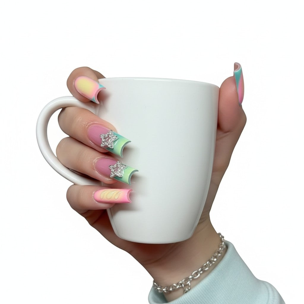 AuraPal pink, green, and yellow ombre press-on nails with 3D water droplets and star charms.