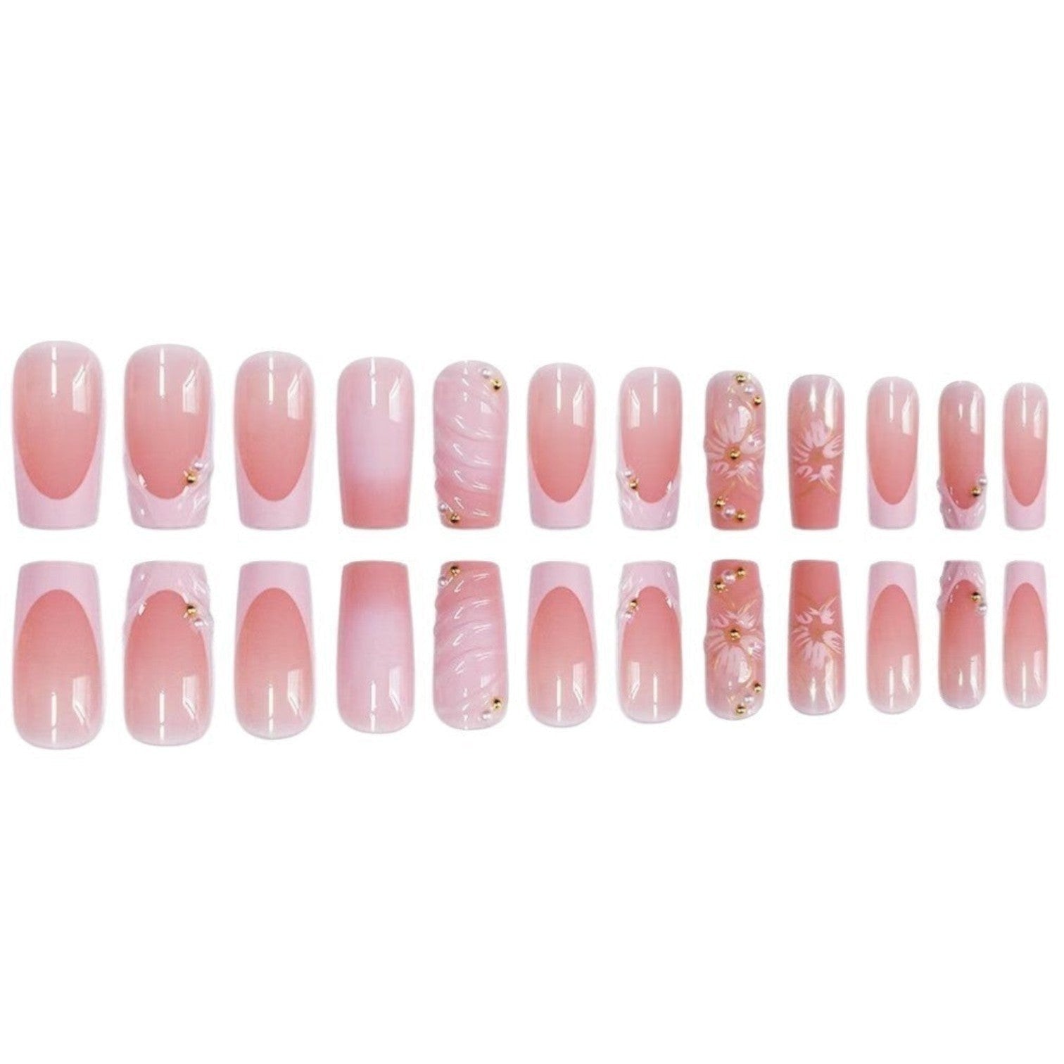 Aurapal square-tip press-on nails in soft pink with floral art, gold beads, and French manicure details.