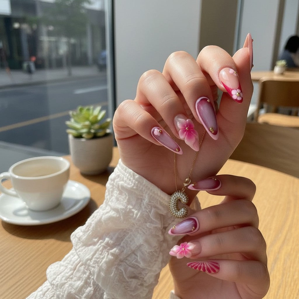 Aura press-on nails in pink ombre with 3D flowers and gold bead accents. French tip design with red accents.