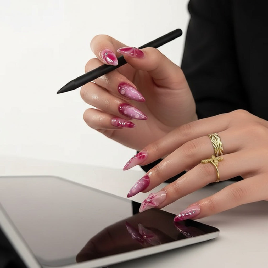 Aurapal Aura40 press-on nails in pink with marble design, 3D flowers, and rhinestones. Stiletto shape.