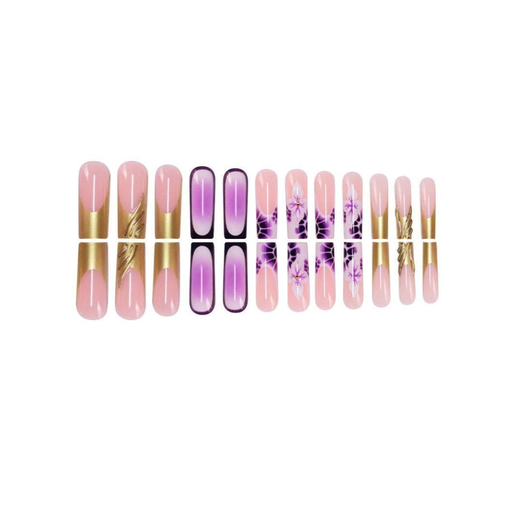 Aurapal Press Aura1 pink press-on nails with gold French tips and purple floral designs.