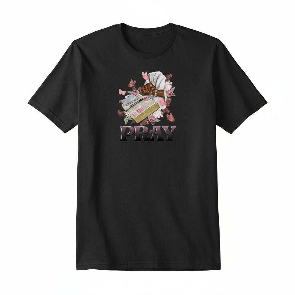 Aurapal black crewneck t-shirt featuring a graphic of a Bible, floral accents, butterflies, and the word PRAY.