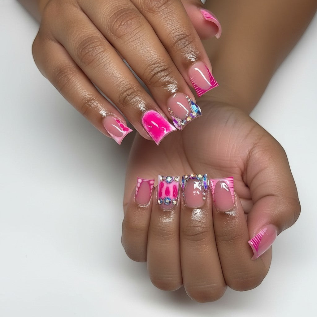 AuraPress Aura13 press-on nails in hot pink with 3D water drop effect and rhinestones. French tip design.
