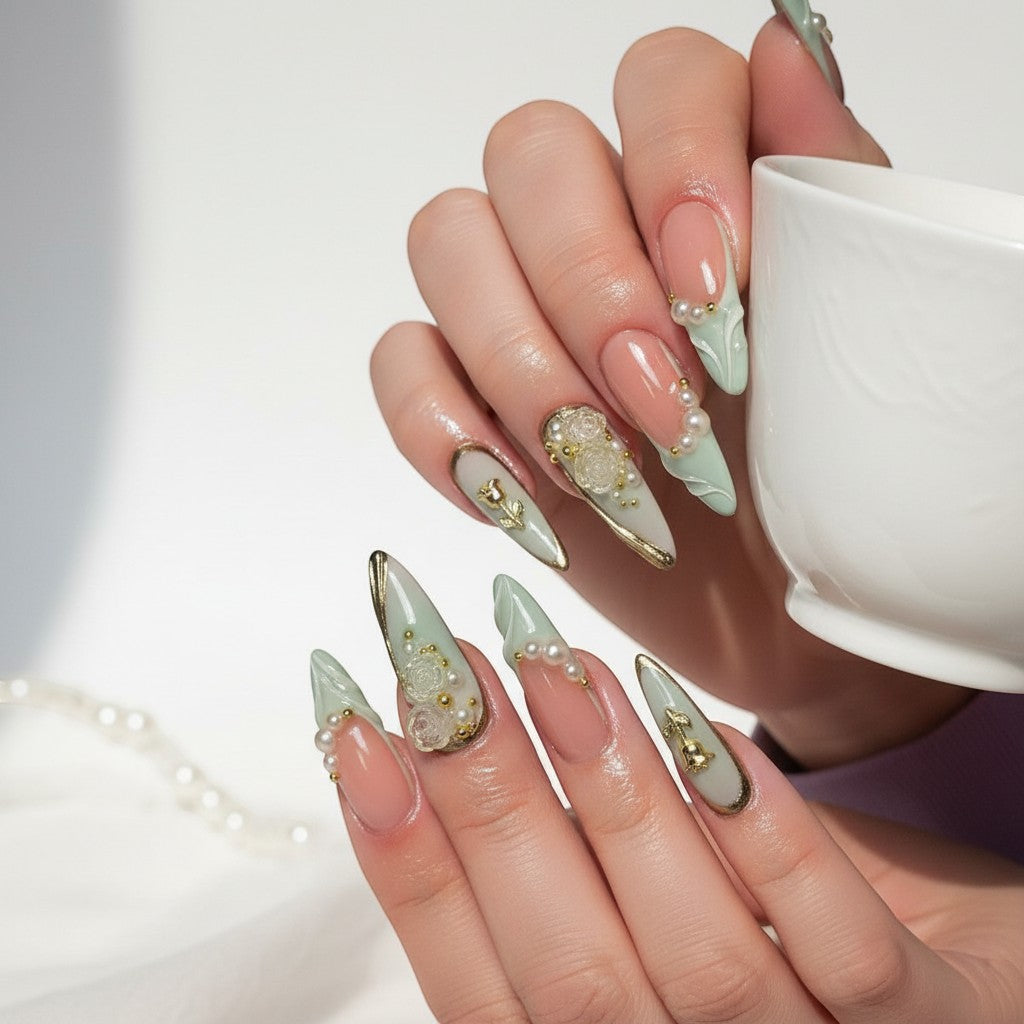 AuraPress Aura19 press-on nails with a French manicure design, adorned with pearls, gold accents, and 3D roses.